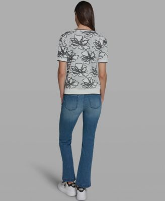 Women's Flower Print Short-Sleeve Sweater