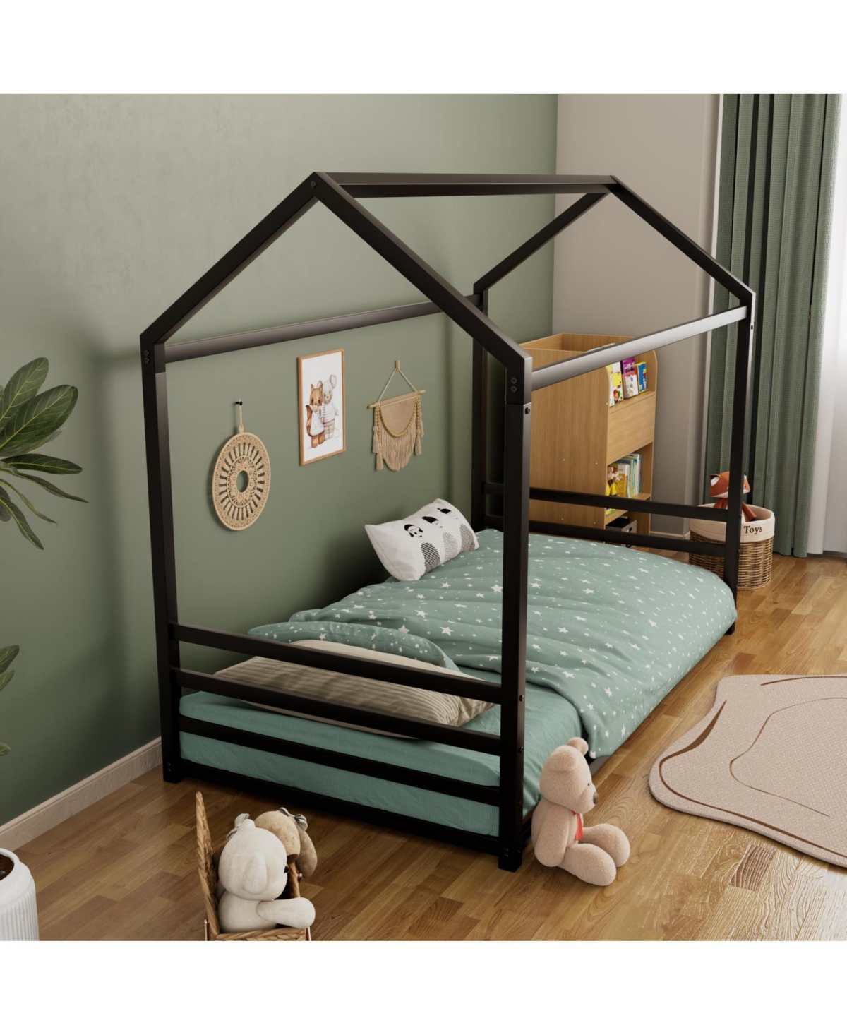Streamdale Furniture Montessori Metal Floor Bed Frame, House with Guardrails, Kids/Toddlers.
