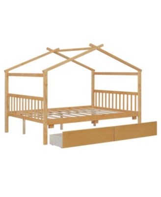 Full Size Wooden House Bed with Drawers, White