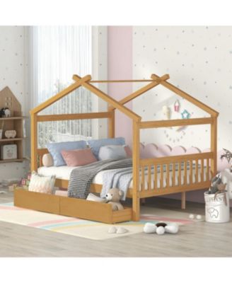 Full Size Wooden House Bed with Drawers, White