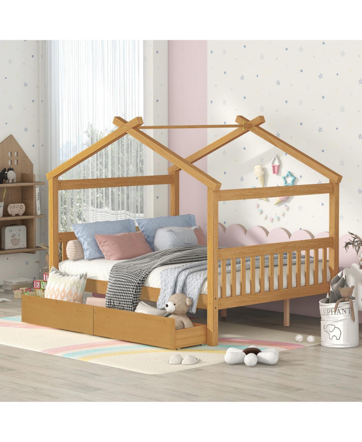 Streamdale Furniture Full Wooden House Bed with Drawers, White