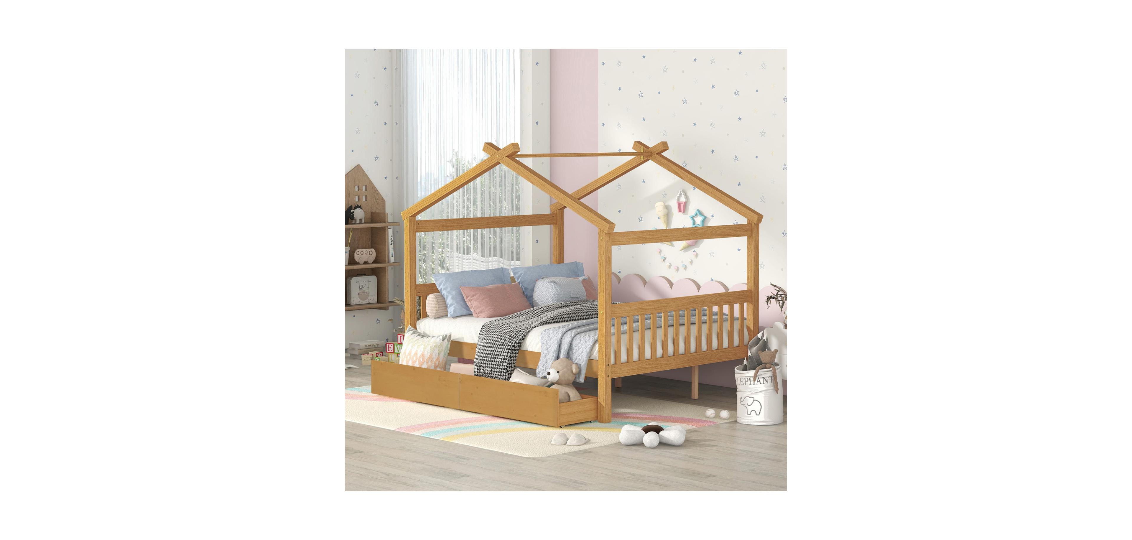 Streamdale Furniture Full Size Wooden House Bed with Drawers, White