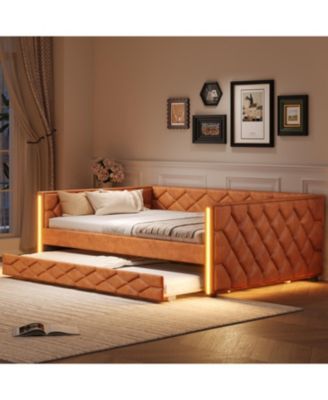Full XL Size Upholstered Daybed with Trundle and LED