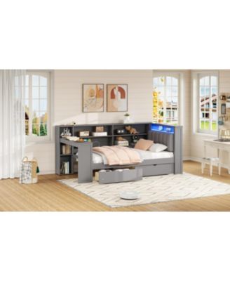 Twin Platform Bed w/ Storage, LED, Desk, Charging, Upholstered Headboard