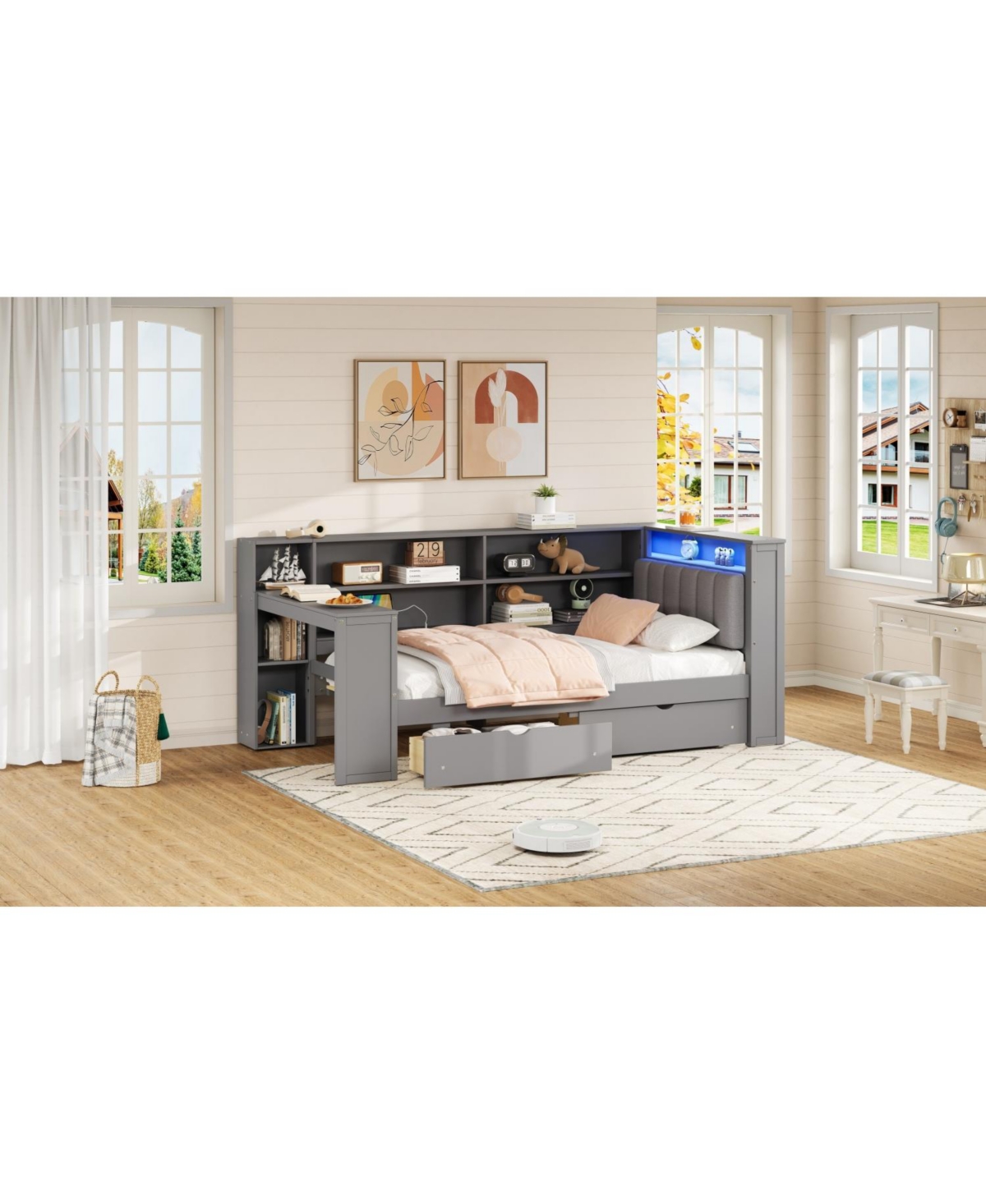 Streamdale Furniture Twin Platform Bed w/ Storage, Led, Desk, Charging, Upholstered Headboard