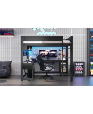 Full Size Black Gaming Loft Bed with Desk, LED Lights & Charging Station