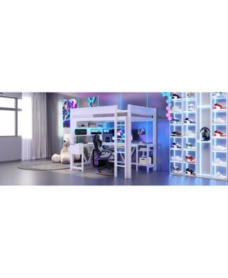 Full Size Black Gaming Loft Bed with Desk, LED Lights & Charging Station