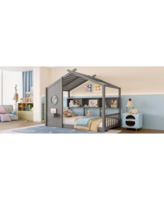 Twin Floor House Bed Toddler, Montessori Bed with Shelf, Playhouse Bed