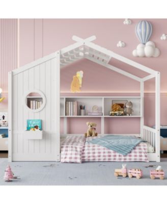 Twin Floor House Bed Toddler, Montessori Bed with Shelf, Playhouse Bed