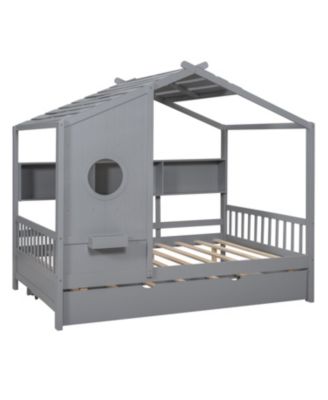 Wooden Full Size House Bed with Trundle & Shelf