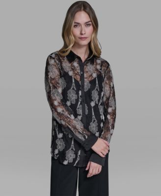Women's Paris Lace Print Collared Top