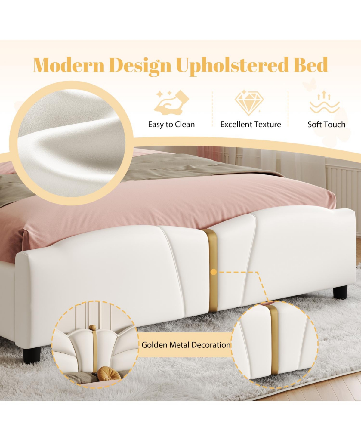Streamdale Furniture Upholstered Pu Leather Bed Frame, Butterfly Headboard, Gold Metal.