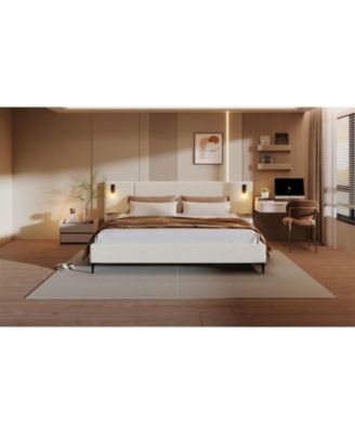 Queen Chic Boucle Upholstered Bed with Integrated Lights and Shelves