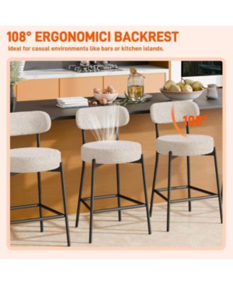 Bar Stools Set of 3, 24 Inches Modern Counter Height Bar Stools with Curved Back Metal Legs, Upholstered Tall Barstools