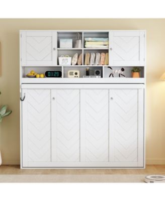 Queen Size Wall Murphy Bed with Ample Storage Space and Chevron Stripes, White