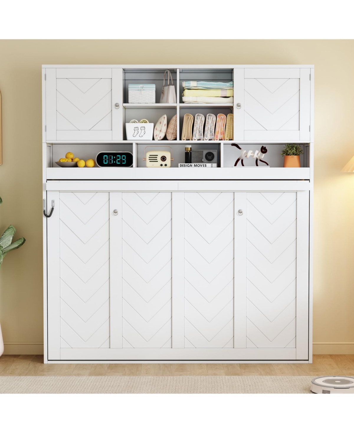 Streamdale Furniture Queen Size Wall Murphy Bed with Ample Storage Space and Chevron Stripes, White