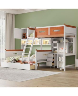Twin Over Full Bunk Bed w/ Desk, Drawers, Shelves, Cabinet & LED Light