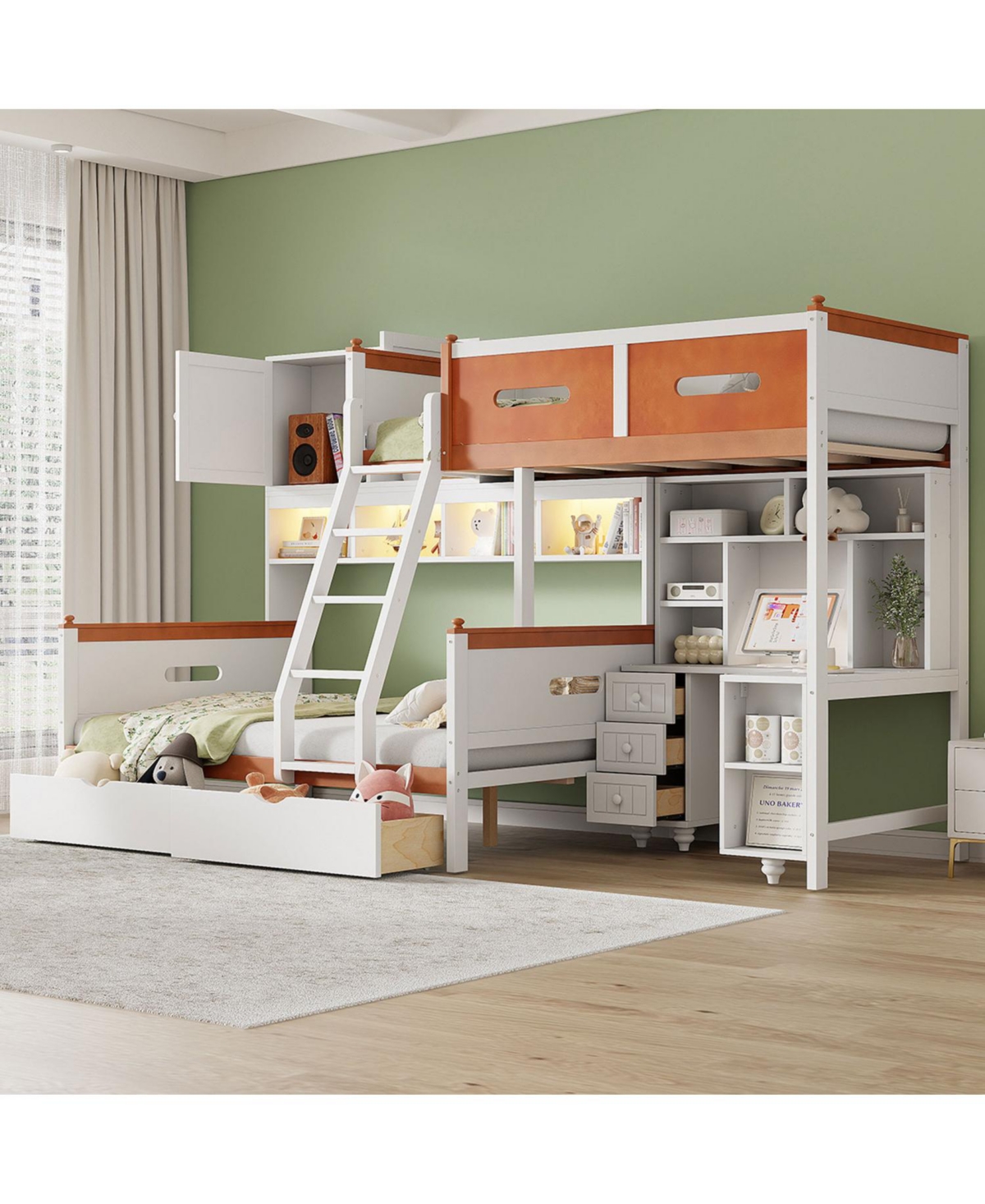 Streamdale Furniture Twin Over Full Bunk Bed w/ Desk, Drawers, Shelves, Cabinet & Led Light