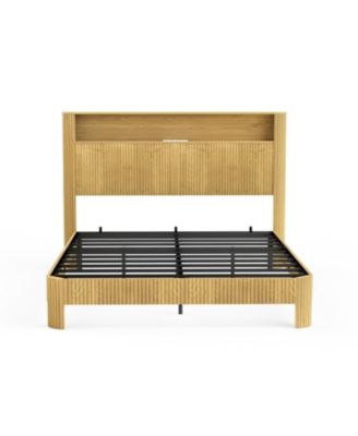 Streamdale Queen Bed Frame- Storage Headboard, Charging Station, Natural