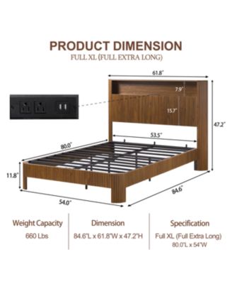 Full XL Bed Frame- Storage Headboard, Charging, Walnut