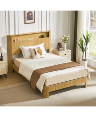  Full XL Bed Frame- Storage Headboard, Charging Station, Natural