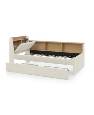 Twin Velvet Daybed- Storage Headboard, Wireless Charging, LED, Beige