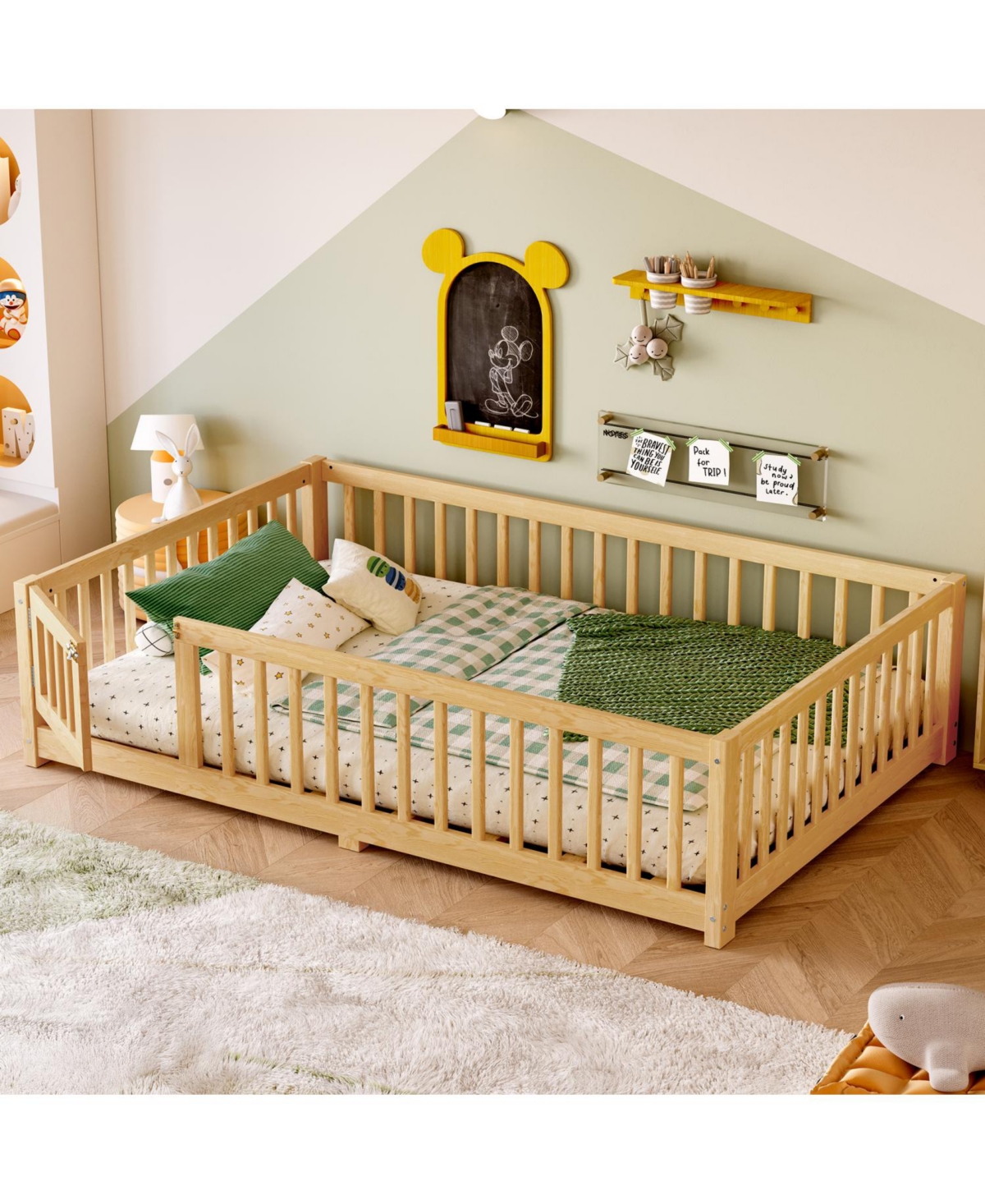 Streamdale Furniture Floor Bed with Guardrails & Door - Full Size, Natural