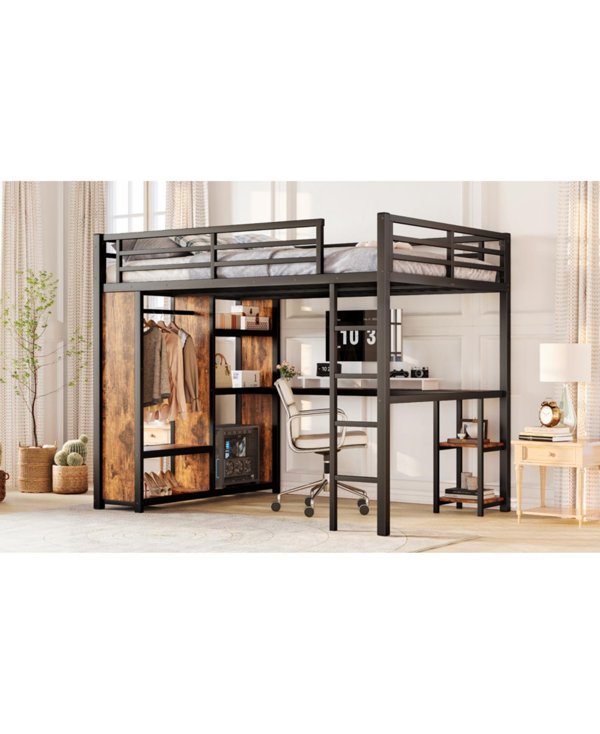 Streamdale Furniture Queen Loft Bed Frame Wardrobe, Desk & Shelves - Woodgrain