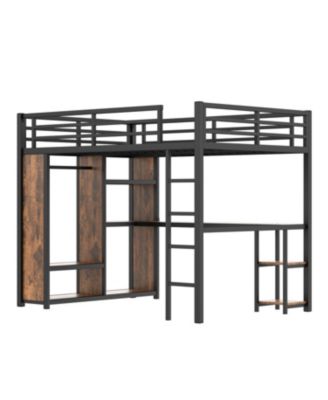 Queen Loft Bed Frame Wardrobe, Desk & Shelves - Woodgrain