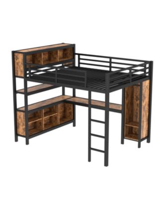  Queen Loft Bed with Wardrobe, Desk & Storage - Black Woodgrain