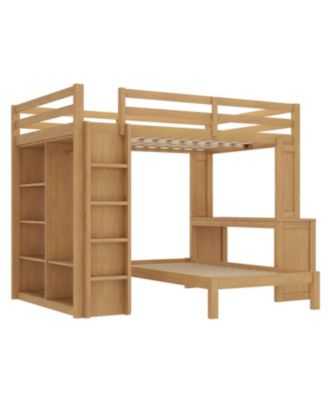  Queen over Twin Bunk Bed with Desk, Shelves & Wardrobe - Natural