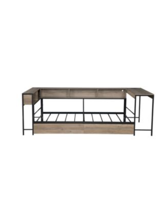  Corner Bed Frame Twin with Bookcase, Drawers, LED, Charging