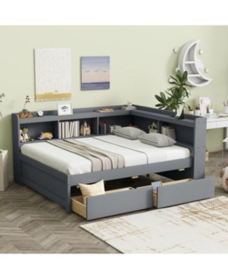 L-Shaped Bookcase Bed with Power Outlets, USB & Drawers - Grey