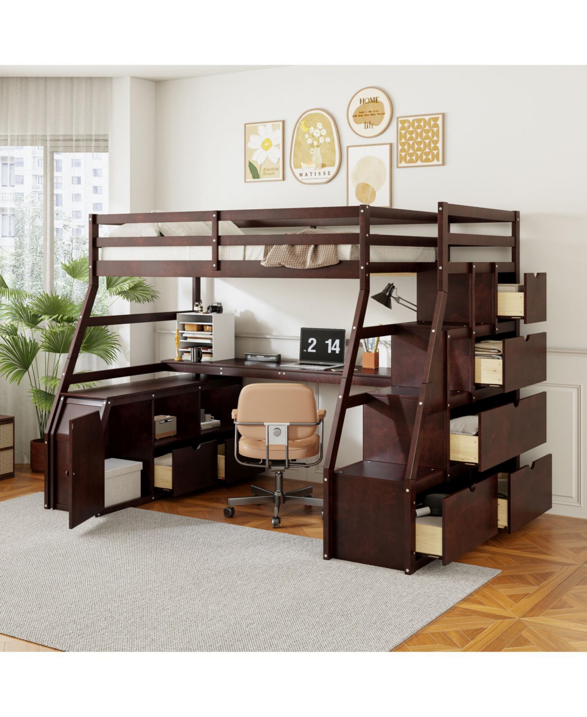 Streamdale Furniture Full Loft Bed with 7 Drawers 2 Shelves and Desk