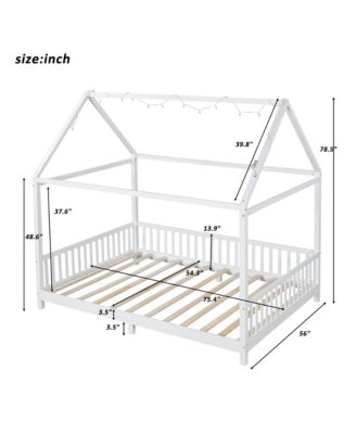 Streamdale Wood Full Size House Bed with Guardrail and LED, White