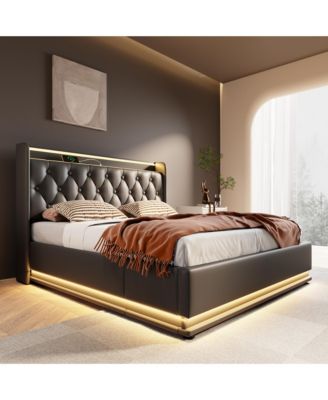 Modern Upholstered Bed with 360 LED, Storage, and USB-C Charging