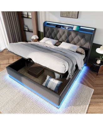 Queen size Upholstered LED Smart Bed with Storage bed Frame