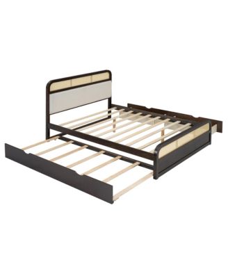 Wooden Platform Bed with Trundle and 2 Drawers