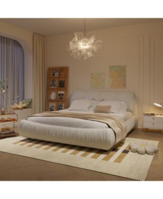  Beige Upholstered Platform Bed with Oversized Backrest
