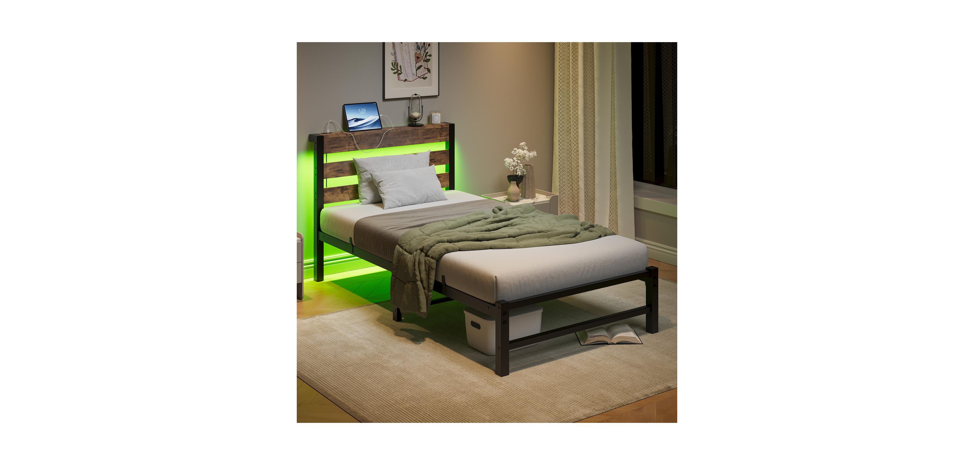 Streamdale Furniture Streamdale Twin Bed Frame with Headboard, Usb Charging, Led