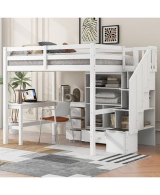  Full Loft Bed with Desk, Drawers & Storage Staircase
