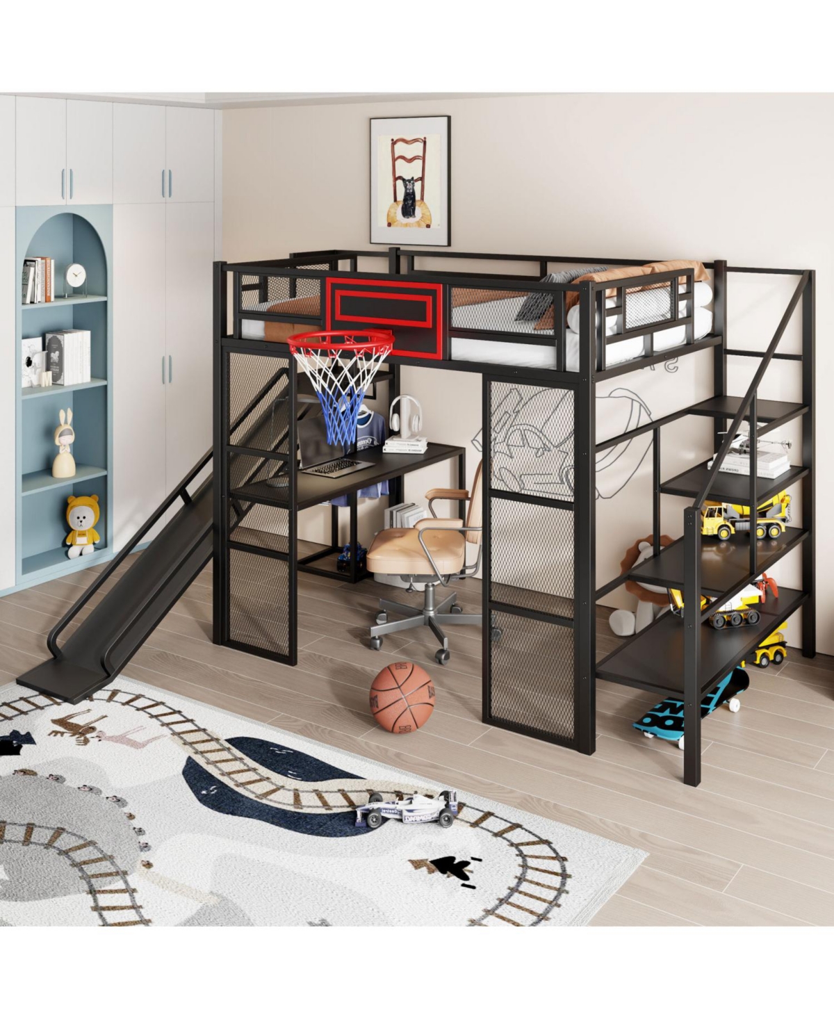 Streamdale Furniture Metal Loft Bed with Desk, Wardrobe, Slide & Stairs