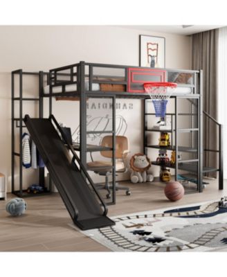 Metal Loft Bed with Desk, Wardrobe, Slide & Stairs