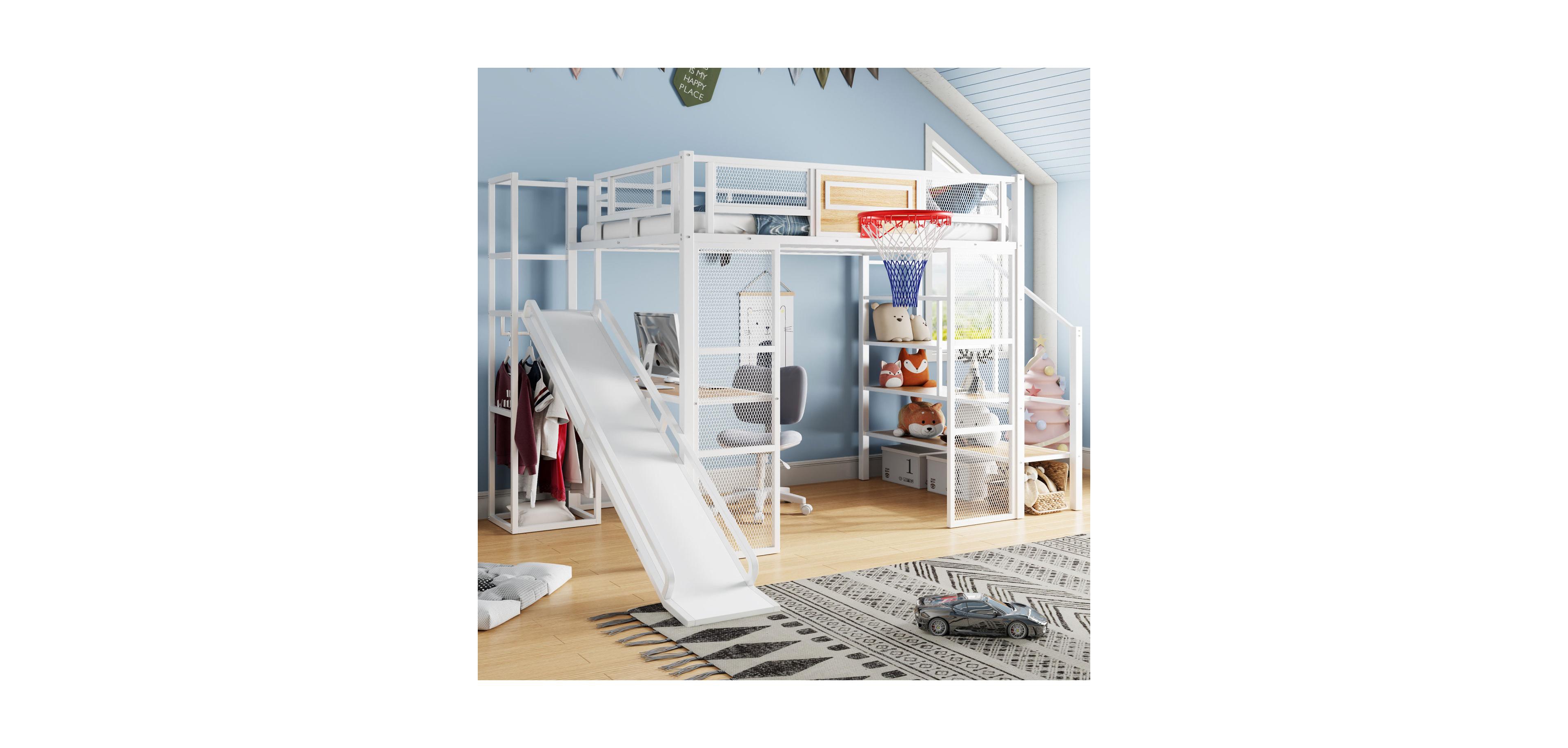 Streamdale Furniture Metal Loft Bed with Desk, Wardrobe, Slide & Stairs