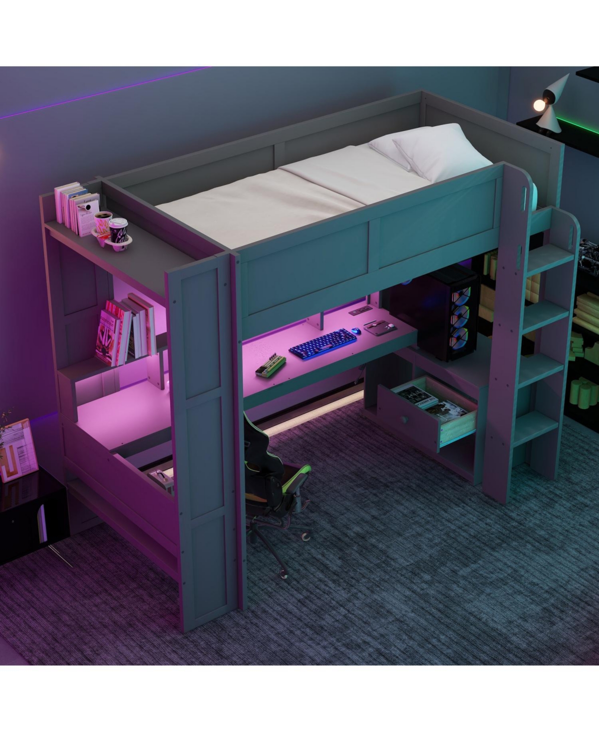Streamdale Furniture Twin Gaming Loft Bed with Desk, Led & Charging