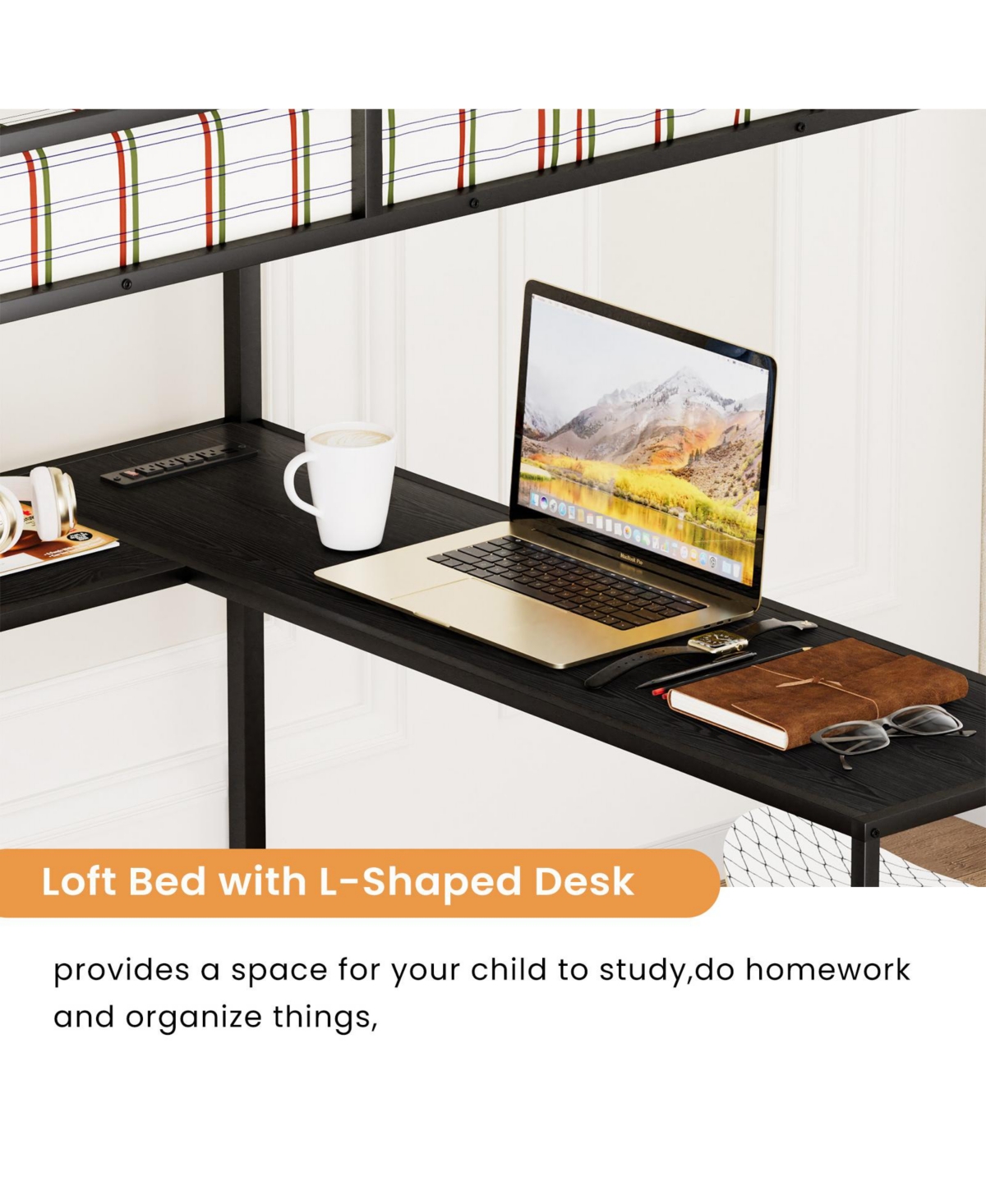 Streamdale Furniture Full Loft Bed w/ Desk, Led, Charging, Wardrobe & Drawers