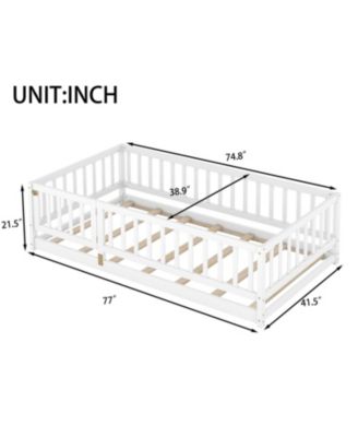 Twin Floor Bed with Fence & Door (White