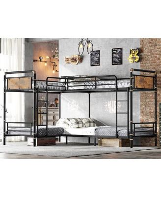  Quad Bunk Bed, Heavy Duty Metal, Detachable Triple/Twin, Black