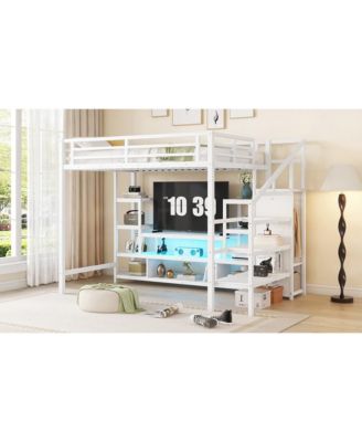  Full Size White Metal Loft Bed with Staircase & Wardrobe