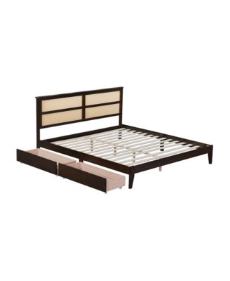 King Bed Rattan Headboard, Storage Drawers, Espresso